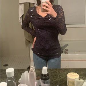 Boston Proper, Lace Sequin Blouse — Navy